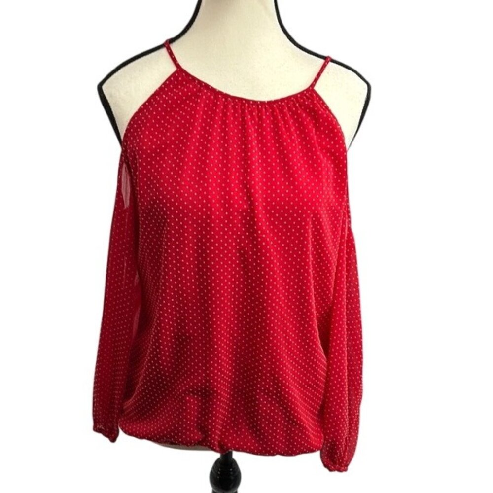 New York & Company Cold Shoulder Blouse Womens Size S Red Polka Dot Long Sleeve